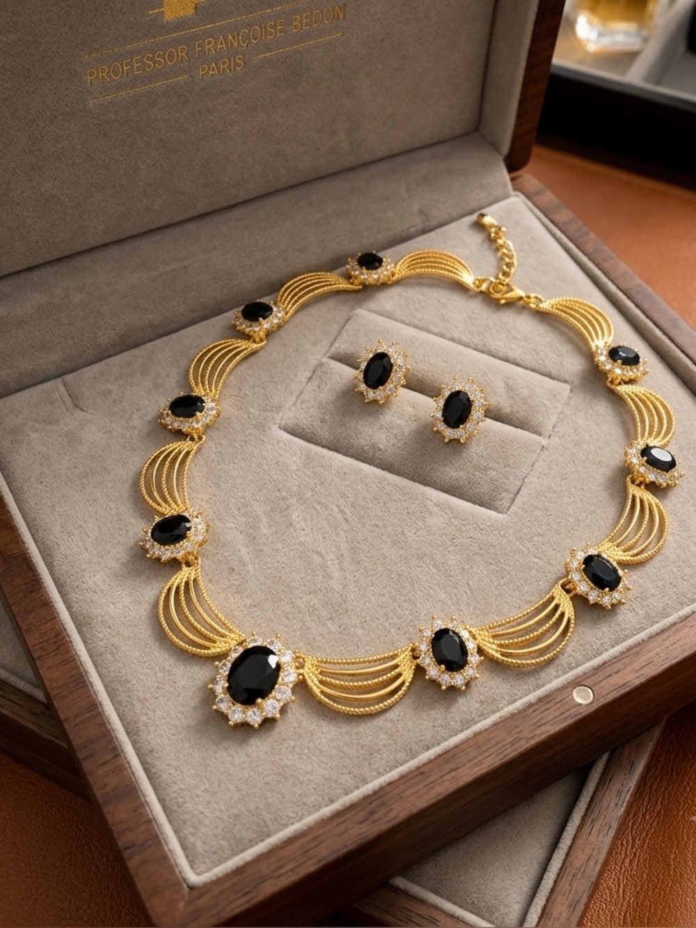 Gold-Tone Necklace and Stud Earrings with Black Stones vintage